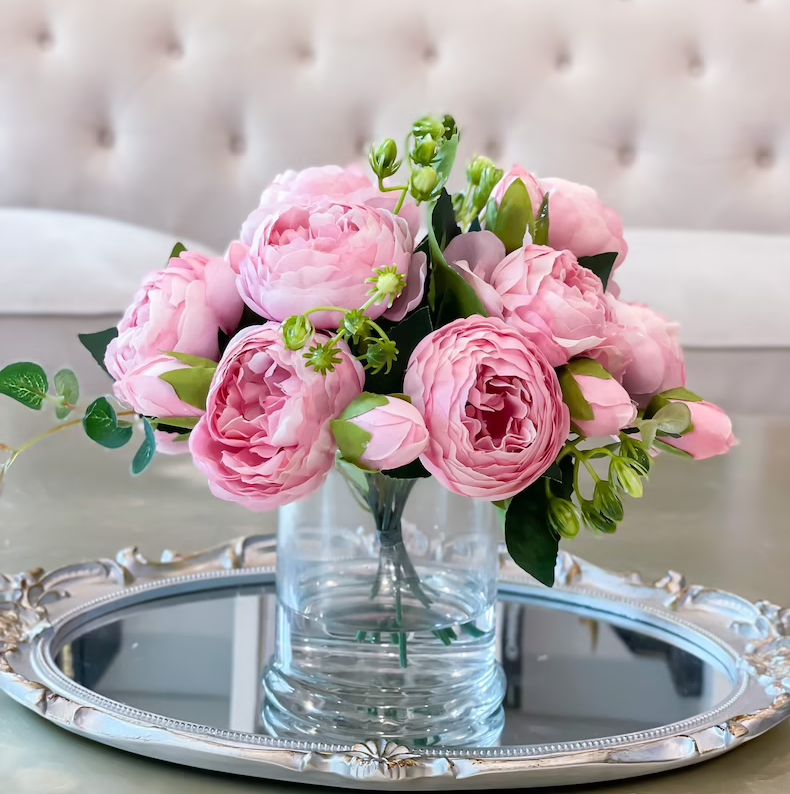 Pink Rose Peony Arrangement-Silk Peonies In Glass Vase-Peony Centerpiece-Artificial Faux Flower Arrangement-Home Decor Centerpiece